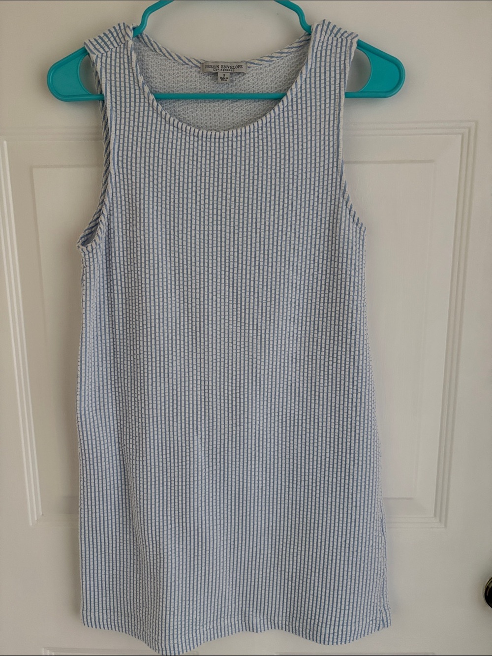 Green Envelope Blue and White Seersucker Sleeveless Shift Dress
